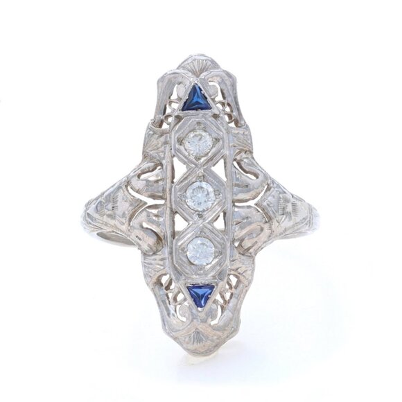 White Gold Diamond & Lab-Created Sapphire Art Deco Ring 18k Round .32ctw Vintage
